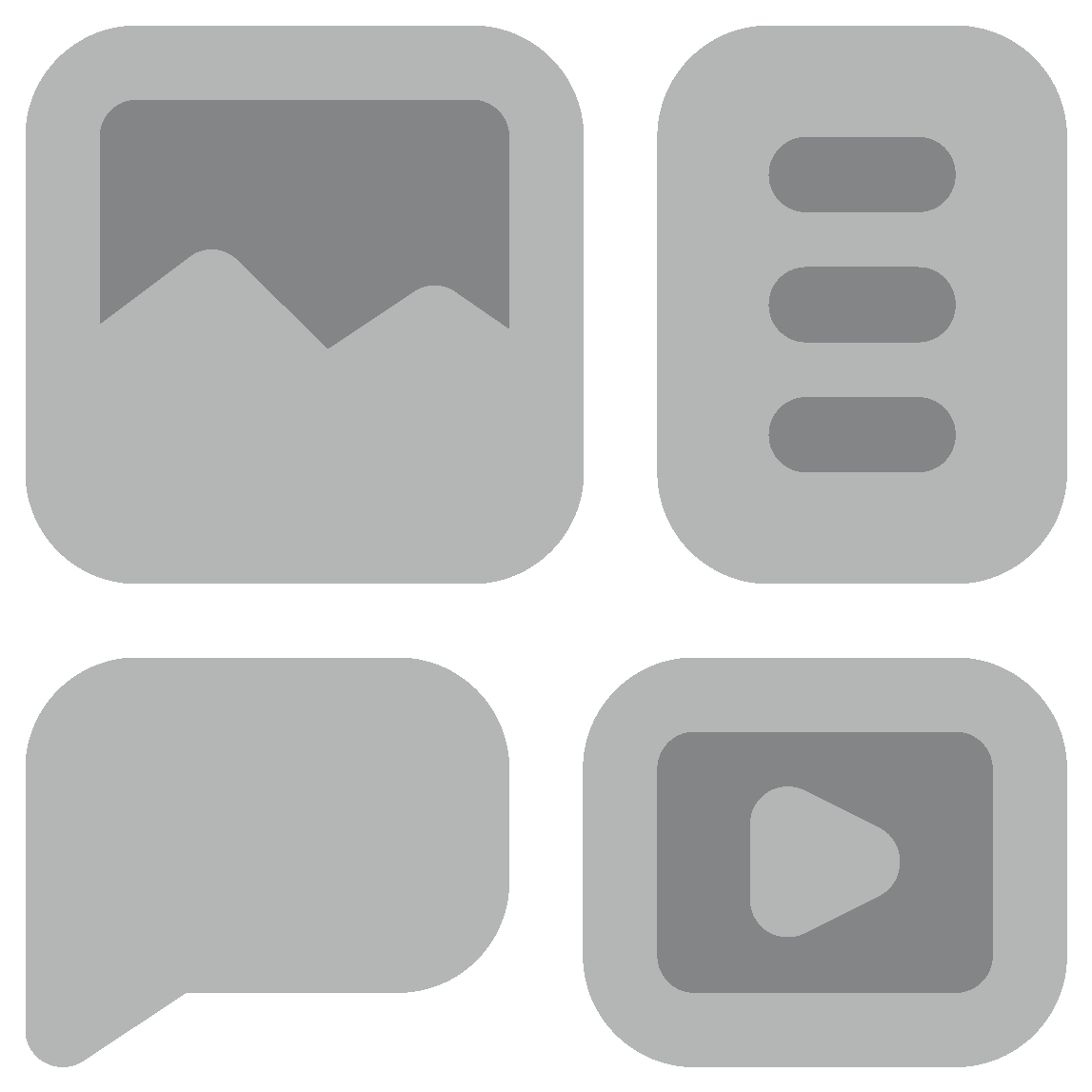 Grid of four rounded icons: a landscape image, a three-item menu, a speech bubble, and a video play button.