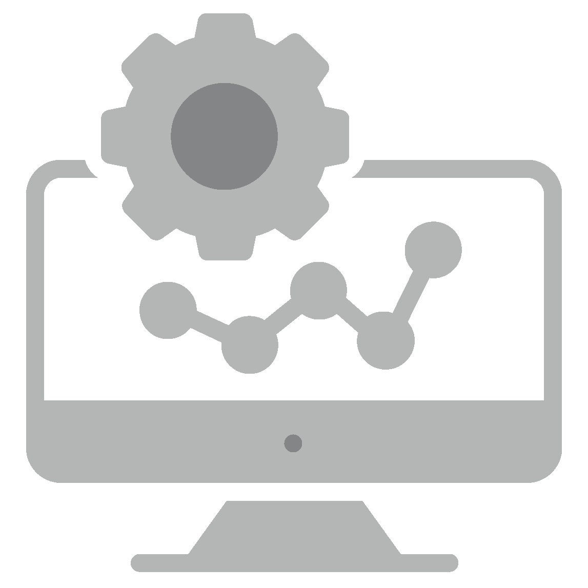 Computer monitor showing a gear icon and a connected dots chart, symbolizing settings and analytics.