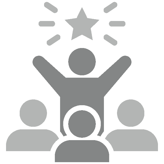 Central figure raises arms in celebration with a star above, flanked by three audience silhouettes, conveying achievement or recognition.