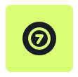 Circular badge with the number 7 on a lime green rounded-square background