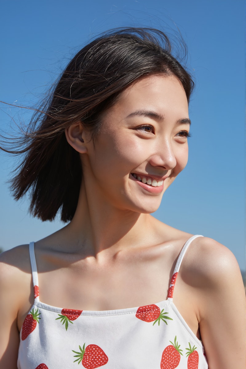 Smiling woman with short dark hair outdoors on a sunny day, wearing a white strawberry-patterned dress.