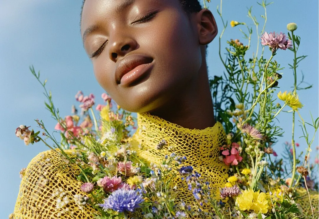 Close-up portrait of a woman with eyes closed, wearing a bright yellow crochet high-neck top, surrounded by colorful wildflowers against a blue sky.
