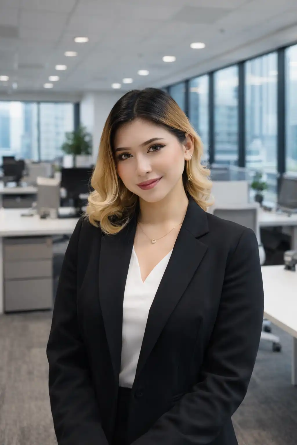 Professional woman in a black blazer and white blouse posing in a bright, open-plan office with large windows
