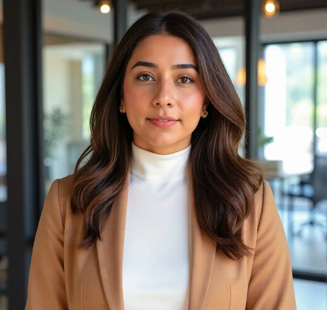 Professional woman with long dark hair wearing a beige blazer and white turtleneck in a modern office setting.